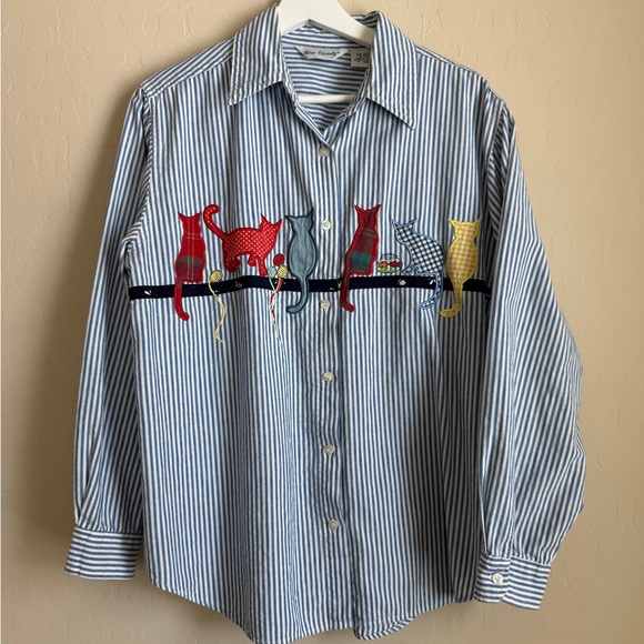 90s Cat Lady Blue White Striped Button Down Patch Blouse Top Size 16 - Picture 1 of 10